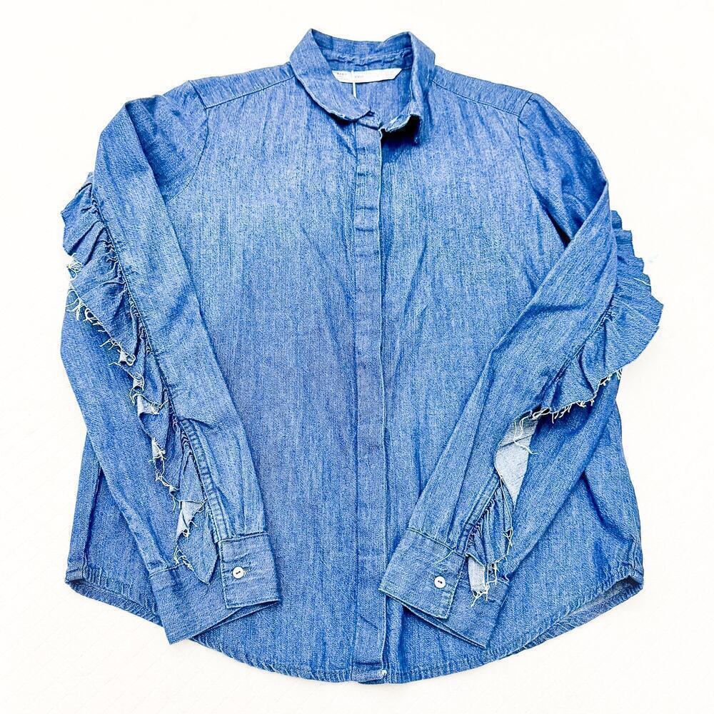 Zara Denim Jean Button Down Long Sleeve Blouse Top Size XS NWT